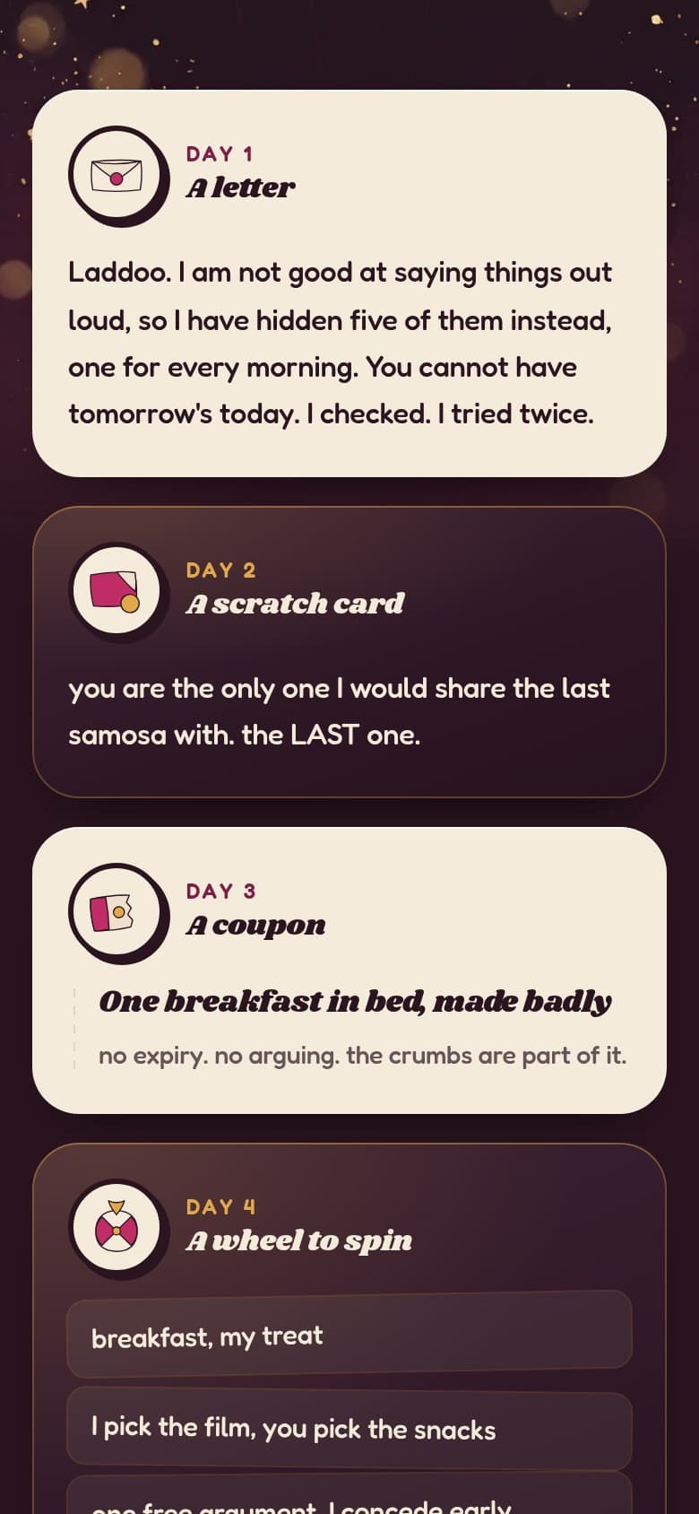 Three boxes from a finished calendar: a letter, a scratch card, a crystal ball